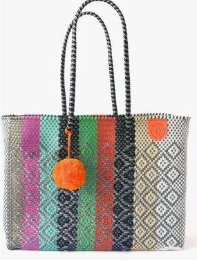 NWOT Tin Marin Basket SUPER TOTE Purse Recycled Plastic Beach Colorful Pompom